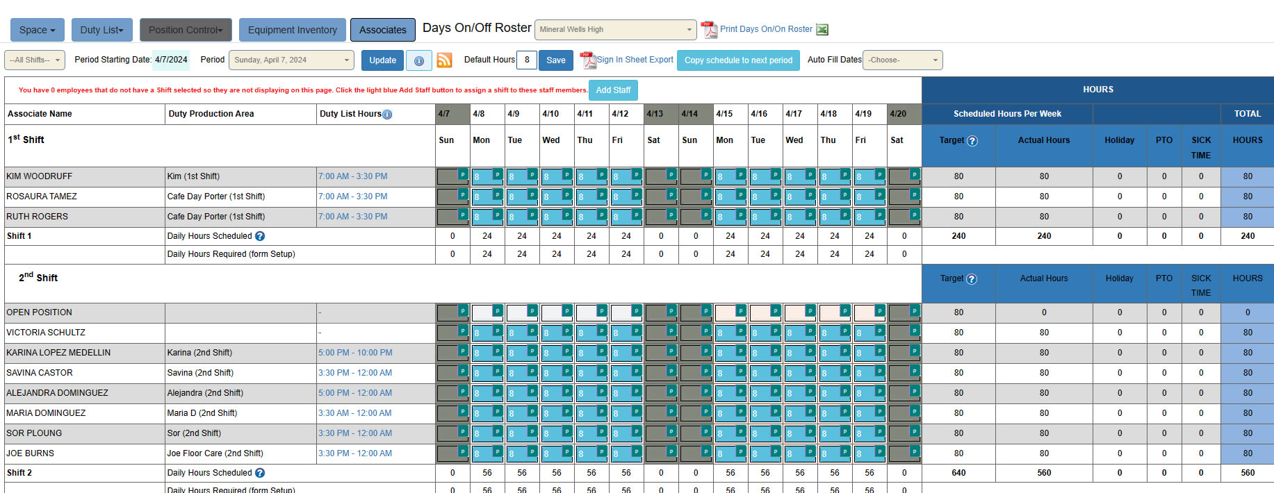 Days on and Off Roster to right size labor by shift and to ensure all Duty Lists tasks are assigned 