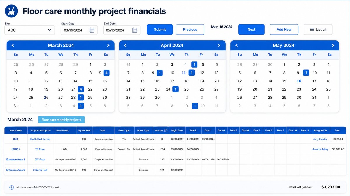 Floor Care Monthly budgeting to automatically calculate charges for each project task.