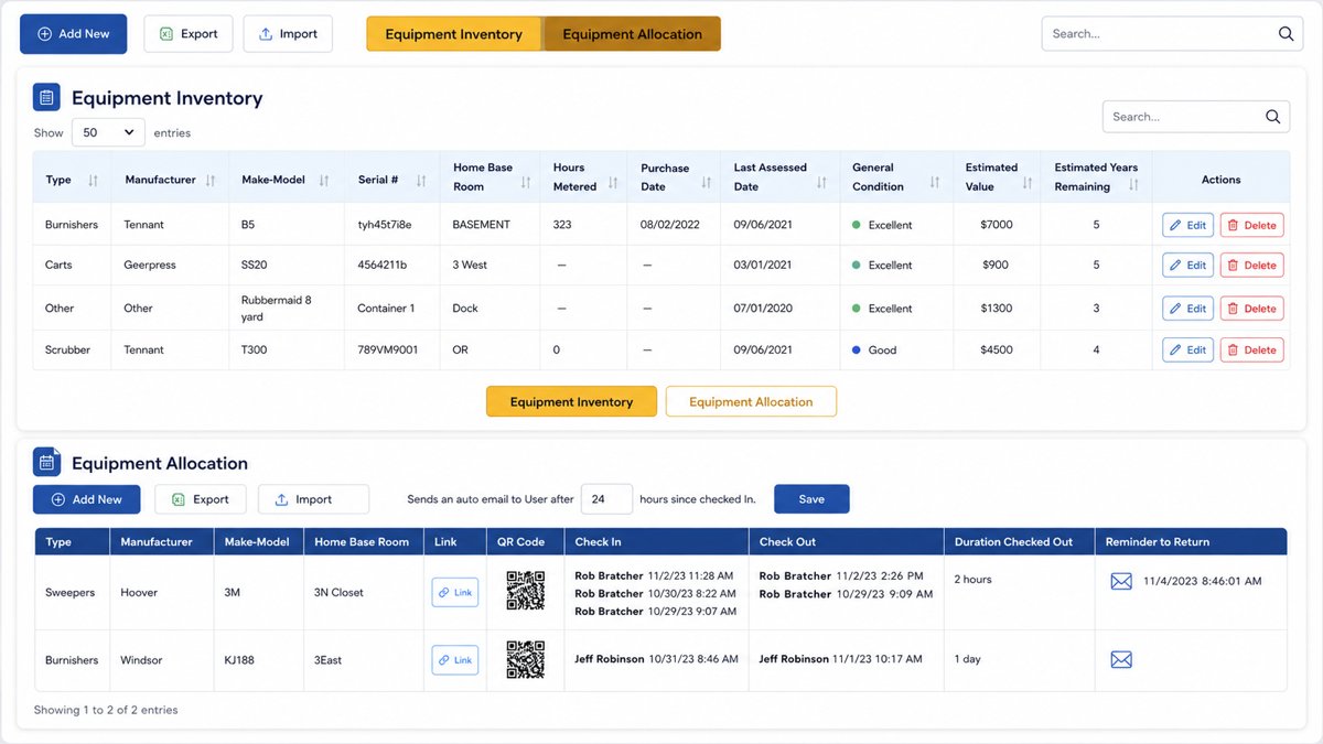 Equipment Inventory and Allocation to help locate and track usage time