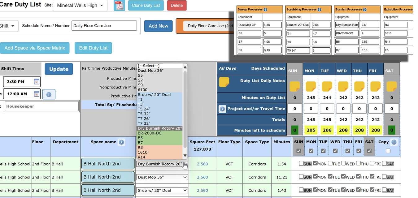 Floor Care, Elevators and Stairwell Duty Lists for task-based scheduling