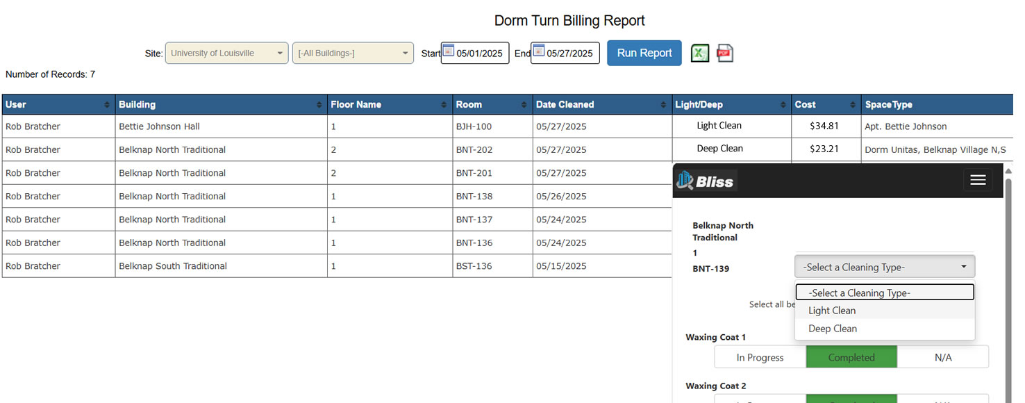 Dorm Turns and Billing Report
