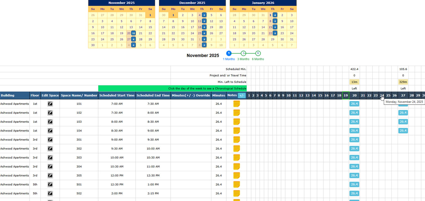 Monthly Scheduled Gantt Chart for Dorm Cleans 2-2