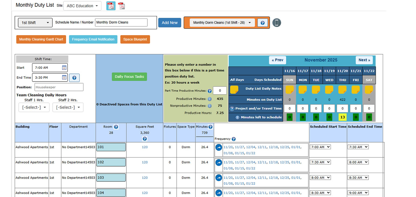 Monthly Scheduled Duty List for Dorm Cleans 1-2